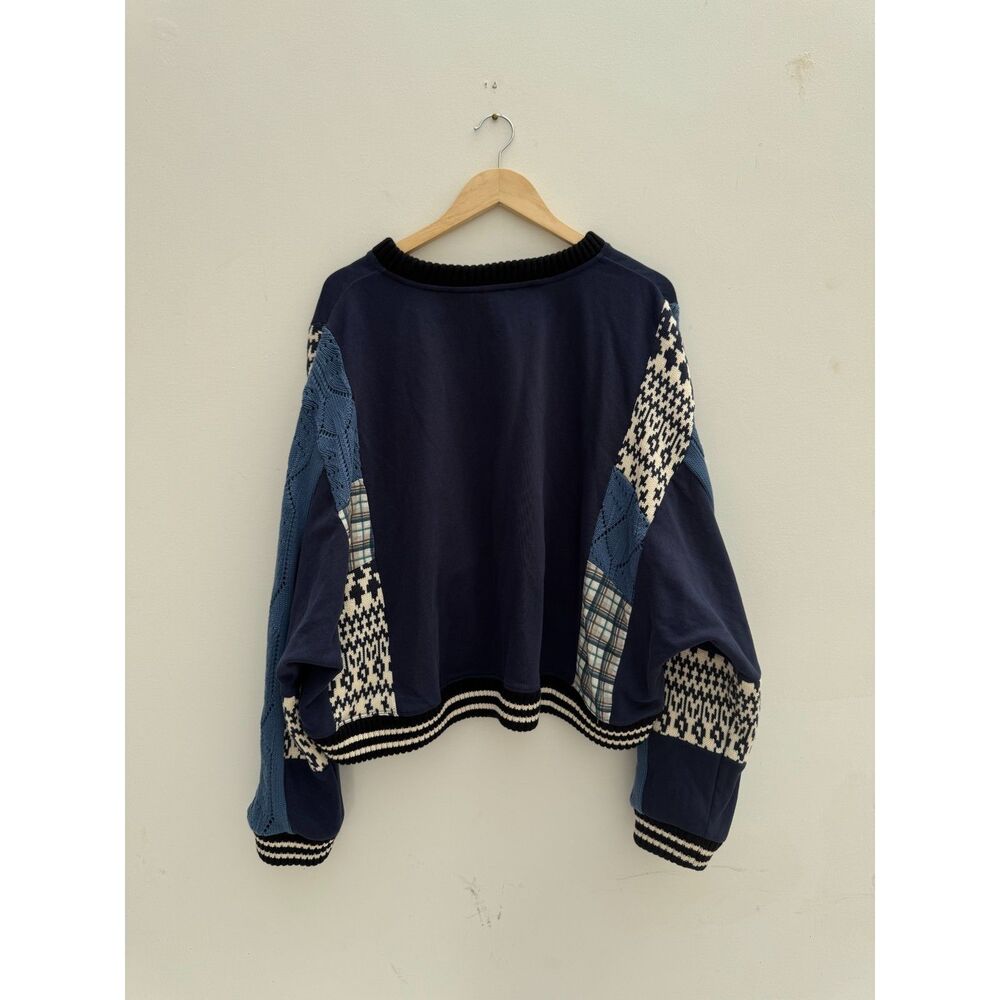 Anthropologie Pilcro Mixed Media Patchwork Cable Knit Sweater Navy L - Picture 6 of 6